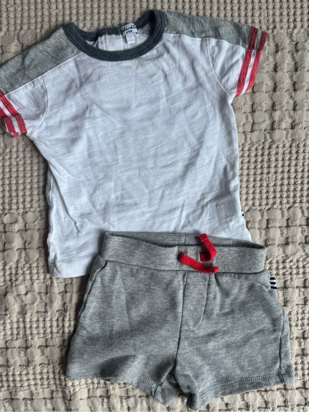 Splendid White Tee with Gray Shoulders & Red Sleeve Stripes